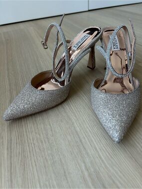 Badgley Mischka Rose Gold Glitter Pointed-Toe Slingback Heels